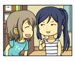  2girls blue_hair brown_hair casual closed_eyes comic eating love_live! love_live!_sunshine!! matsuura_kanan multiple_girls ponytail shiitake_nabe_tsukami shirt short_hair sleeveless t-shirt watanabe_you 