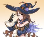  1girl beatrix_(granblue_fantasy) breasts brown_hair detached_sleeves gloves granblue_fantasy halloween hat long_hair maji-pan medium_breasts solo witch_hat 