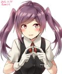  1girl ahoge alternate_hairstyle artist_name black_vest blush brown_eyes commentary_request dated eyebrows eyebrows_visible_through_hair eyes_visible_through_hair fingers_together gloves hagikaze_(kantai_collection) highres kamelie kantai_collection looking_at_viewer open_mouth purple_hair shirt short_sleeves simple_background solo twintails white_background white_gloves white_shirt 