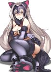  &gt;:( 1girl angry animal_ears bare_shoulders blush breasts cleavage clenched_teeth commentary_request cosplay elbow_gloves embarrassed fate/grand_order fate_(series) foreshortening fur_trim gloves grey_gloves grey_legwear halloween_costume highres jeanne_alter karlwolf long_hair looking_at_viewer medium_breasts nose_blush o-ring_top paws ruler_(fate/apocrypha) shielder_(fate/grand_order) shielder_(fate/grand_order)_(cosplay) silver_hair solo tail teeth thigh-highs very_long_hair white_background wolf_ears wolf_tail yellow_eyes 