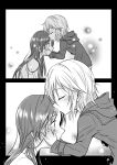  2girls anastasia_(idolmaster) comic eyebrows eyebrows_visible_through_hair forehead_kiss from_side greyscale hood hooded_jacket idolmaster idolmaster_cinderella_girls jacket kiss kuboken_(kukukubobota) long_hair long_sleeves monochrome multiple_girls nitta_minami short_hair silent_comic 