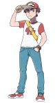  1boy :&lt; absurdres adjusting_clothes adjusting_hat alpha_transparency backpack bag baseball_cap bracelet brown_eyes brown_hair clothes_writing denim full_body hand_in_pocket hat highres jeans jewelry looking_at_viewer male_focus official_art pants pokemon pokemon_(game) pokemon_sm red_(pokemon) red_(pokemon)_(sm) serious shirt shoes sneakers solo strap sugimori_ken t-shirt transparent_background 
