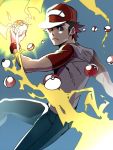  1boy :&lt; blue_background brown_eyes brown_hair denim electricity holding holding_poke_ball jeans looking_at_viewer mabataki male_focus pants poke_ball pokemon pokemon_(game) pokemon_sm red_(pokemon) red_(pokemon)_(sm) shirt simple_background solo t-shirt 
