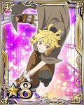  1girl argo_the_rat blonde_hair cape facial_mark grin looking_at_viewer number short_hair smile solo star sword_art_online weapon yellow_eyes 