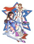  1boy 1girl adapted_costume alternate_costume bodysuit breasts brown_eyes brown_hair cleavage cleavage_cutout covered_navel d.va_(overwatch) gun handgun high_heels long_hair overwatch phandit_thirathon pistol soldier:_76_(overwatch) spread_legs thigh-highs thighs weapon white_legwear 