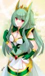  absurdres animal_ears artist_name breasts cleavage felicia-val female gloves green_gloves green_hair green_legwear hand_on_hip highres long_hair looking_at_viewer personification pokemon red_eyes serperior solo standing thigh-highs tiara 
