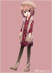  1girl alternate_costume beret boots brown_eyes brown_hair dress dress_shirt hands_in_pockets hat kantai_collection mutsuki_(kantai_collection) nagasioo open_mouth pantyhose plaid plaid_dress red_dress shirt short_hair simple_background twitter_username unmoving_pattern vest walking 