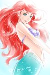  1girl ariel_(disney) bikini_top blue_eyes disney highres long_hair mermaid monster_girl redhead satochi_(1122) signature smile solo the_little_mermaid 
