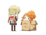  2girls aquila_(kantai_collection) blonde_hair blush box cardboard_box chibi commentary from_behind graf_zeppelin_(kantai_collection) hair_ornament hairclip in_box in_container kantai_collection multiple_girls orange_hair pantyhose ponytail rebecca_(keinelove) solid_oval_eyes twintails white_background 