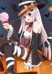  1girl bare_shoulders breasts cleavage detached_sleeves halloween hat highres kuzuyu long_hair original red_eyes solo thigh-highs white_hair wings witch_hat 