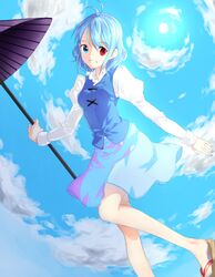  blue_eyes blue_hair commentary_request full_body geta heterochromia highres karakasa_obake nail_polish puffy_sleeves red_eyes sadotsuke tatara_kogasa toenail_polish touhou umbrella vest 