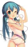  1girl aqua_hair covered_navel green_eyes hatsune_miku headset highres long_hair one-piece_swimsuit one_eye_closed open_mouth ririkou simple_background solo swimsuit twintails vocaloid white_background 