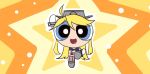  1girl :d ahoge arms_up blonde_hair breasts chibi cleavage commentary_request headgear ido_(teketeke) iowa_(kantai_collection) kantai_collection long_hair looking_at_viewer multicolored_eyes navel open_mouth parody powerpuff_girls smile solo star starry_background style_parody 