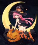  1girl :d ass black_gloves cape crescent_moon gloves halloween hat highres jack-o&#039;-lantern long_hair looking_at_viewer moon mou_tama_maru open_mouth original pink_hair pointy_ears sky slit_pupils smile smoke solo star_(sky) starry_sky striped striped_legwear thigh-highs witch witch_hat 