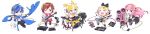  2boys 3girls bass_guitar black_footwear blonde_hair blue_eyes blue_hair boots bow brown_eyes brown_hair chibi closed_eyes coat dress drum drumsticks electric_guitar frilled_dress frilled_skirt frills gloves guitar hair_bow headset instrument kagamine_len kagamine_rin kaito keyboard_(instrument) lena_(zoal) long_image magical_mirai_(vocaloid) matching_outfit megurine_luka meiko multiple_boys multiple_girls music one_eye_closed open_clothes open_coat pants pantyhose pink_hair playing_instrument red_skirt sailor_collar scarf short_sleeves shorts side_slit sitting skirt sleeveless sleeveless_dress smile speaker standing standing_on_one_leg transparent_background vocaloid white_gloves wide_image wire 