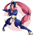 ahoge blue_gloves blue_hair covered_mouth fighting_stance gloves greninja knee_pads personification pink_scarf pokeball_symbol pokemon red_eyes sanai25290720 sandals scarf solo standing wide_stance 