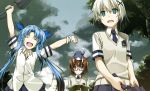  3girls :d ^_^ animal animal_on_head arms_up black_hair blue_eyes blue_hair book bracelet brown_hair cat cat_on_head closed_eyes clouds cloudy_sky female glasses hair_ornament hair_ribbon highres jewelry lyrical_nanoha mahou_shoujo_lyrical_nanoha_innocent material-d material-l material-s multicolored_hair multiple_girls necktie open_mouth pleated_skirt reading ribbon school_uniform semi-rimless_glasses shikei shiny shiny_hair short_hair short_sleeves sidelocks silver_hair skirt sky smile sweater_vest tree two-tone_hair umbrella unbuttoned under-rim_glasses x_hair_ornament 