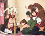  3girls :d :o artist_self-insert bandages black_hair blonde_hair breasts brown_hair budget_sarashi child closed_eyes commentary_request detached_sleeves glasses heart hug hug_from_behind indian_style kantai_collection kneeling ko-yamato large_breasts long_hair multiple_girls musashi_(kantai_collection) open_mouth panties ponytail profile sarashi shin&#039;en-san shin&#039;en_(gyokuro_company) single_thighhigh sitting smile striped striped_panties sweatdrop thigh-highs twintails underwear very_long_hair violet_eyes yamato_(kantai_collection) 
