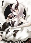  1girl blurry breasts brown_eyes cleavage depth_of_field drink drinking_straw glass heavy_cruiser_summer_hime highres holding horns kantai_collection long_hair looking_at_viewer multiple_tails nekomiruku shinkaisei-kan solo tail turret white_hair white_skin 