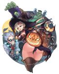  1girl 3boys ass blonde_hair blue_eyes breasts brown_legwear halloween hat jack-o&#039;-lantern junkrat_(overwatch) london mercy_(overwatch) multiple_boys overwatch phandit_thirathon reaper_(overwatch) roadhog_(overwatch) thigh-highs thighs witch_hat 