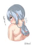  /\/\/\ 1girl back bangs bare_back bare_shoulders blue_eyes blue_hair blush ebifurya eyebrows eyebrows_visible_through_hair from_behind hand_behind_head hand_up hatsukaze_(kantai_collection) highres kantai_collection long_hair looking_at_viewer looking_back open_mouth profile simple_background solo tears topless translation_request twitter_username upper_body white_background 