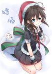  1girl absurdres ahoge black_gloves black_hair black_skirt blue_eyes braid fingerless_gloves gloves hair_between_eyes hair_ribbon hat highres kantai_collection karumayu long_hair looking_at_viewer orange_ribbon pleated_skirt red_hat ribbon santa_hat shigure_(kantai_collection) sketch skirt smile solo the_yuudachi-like_creature 