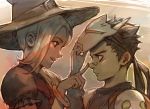  1boy 1girl bandaid bandaid_on_nose black_hair finger_to_another&#039;s_nose genji_(overwatch) halloween_costume hat mercy_(overwatch) ninja overwatch white_hair witch_hat witch_mercy younger 