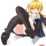  1girl black_legwear blonde_hair blush dd_(ijigendd) highres kantai_collection looking_at_viewer low_twintails lying necktie no_shoes panties satsuki_(kantai_collection) school_uniform solo thigh-highs twintails underwear white_background white_panties yellow_eyes 
