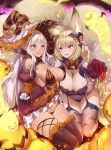  &gt;:d 2girls :d animal_ears bat bat_print black_legwear blonde_hair blush breasts character_request cleavage detached_sleeves fang fur-trimmed_legwear fur_trim ghost gloves hair_between_eyes halloween hat jack-o&#039;-lantern large_breasts long_hair long_nails mole mole_on_breast multiple_girls nail_polish navel open_mouth paw_gloves red_nails sennen_sensou_aigis silver_hair smile star thigh-highs very_long_hair violet_eyes wavy_mouth white_gloves witch_hat wolf_ears yaman_(yamanta_lov) 