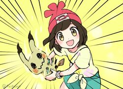  1girl @_@ beanie brown_eyes brown_hair emphasis_lines female_protagonist_(pokemon_sm) floral_print flying_teardrops hat kokoroko mimikyu_(pokemon) pokemon pokemon_(creature) pokemon_(game) pokemon_sm shirt shorts simple_background smile t-shirt tied_shirt twitter_username yellow_background z-move z-ring 