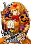  1girl :q belt breasts brown_eyes brown_hair energy_gun fingerless_gloves gloves halloween hand_on_hip happy_halloween hat heart jack-o&#039;-lantern konakona large_breasts narusawa_ryouka occultic;nine ray_gun safety_pin short_hair simple_background skull smile solo tongue tongue_out weapon white_background witch_hat 