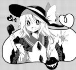  1girl :d alternate_hair_length alternate_hairstyle commentary_request corded_phone eyeball frilled_shirt_collar frilled_sleeves frills greyscale hat hat_ribbon heart heart_of_string komeiji_koishi long_hair long_sleeves looking_at_viewer monochrome open_mouth phone ribbon smile solo third_eye touhou upper_body wide_sleeves you_(noanoamoemoe) 