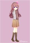  1girl alternate_costume boots brown_hair casual diadem full_body kantai_collection kisaragi_(kantai_collection) knee_boots long_hair nagasioo pink_background plaid plaid_scarf pleated_skirt scarf skirt smile solo sweater twitter_username violet_eyes 