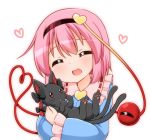  1girl ^_^ animal black_bow black_cat blue_shirt bow braid carrying cat closed_eyes commentary_request frilled_shirt_collar frilled_sleeves frills hair_between_eyes hairband heart heart_of_string holding_animal kaenbyou_rin kaenbyou_rin_(cat) komeiji_satori long_sleeves multiple_tails nekomata open_mouth pink_hair red_eyes ribbon-trimmed_collar ribbon_trim shirt short_hair simple_background smile solo suwa_yasai tail third_eye touhou two_tails upper_body white_background wide_sleeves 