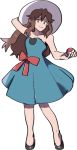  1girl adjusting_clothes adjusting_hat alternate_costume bare_shoulders blue_(pokemon) brown_eyes brown_hair closed_mouth full_body glasses_enthusiast hat holding holding_poke_ball long_hair older poke_ball pokemon pokemon_(game) pokemon_sm smile sun_hat what_if 