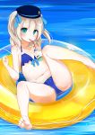  1girl absurdres afloat bare_legs barefoot bikini blue_bikini blue_eyes blush bow collarbone drinking_straw flat_chest hair_bow hair_ribbon highres innertube leaf1031 looking_at_viewer lying navel original partially_submerged revision ribbon silver_hair solo swimsuit two_side_up wet 