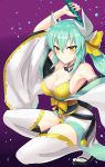  1girl absurdres bare_shoulders breasts c3yooooo cleavage fate/grand_order fate_(series) gradient gradient_background green_hair hair_ribbon highres kiyohime_(fate/grand_order) large_breasts long_hair looking_at_viewer purple_background ribbon solo squatting thigh-highs white_legwear yellow_eyes yellow_ribbon 