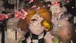  1girl amino_(tn7135) animal_ears bracelet brown_hair cherry_blossoms closed_mouth covering_one_eye forbidden_scrollery futatsuiwa_mamizou glasses highres japanese_clothes jewelry kimono kiseru leaf light_smile long_sleeves looking_at_viewer orange_eyes pince-nez pipe plaid plaid_scarf raccoon_ears raccoon_tail scarf short_hair solo tail touhou upper_body wide_sleeves 