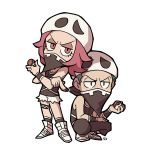  1boy 1girl bandana blue_eyes blue_hair chibi covered_mouth eyelashes food fruit full_body holding holding_poke_ball long_hair pink_eyes pink_hair poke_ball pokemon pokemon_(game) pokemon_sm shoes short_hair short_shorts shorts signature sneakers squatting ssalbulre tank_top team_skull team_skull_grunt 