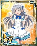  1girl blue_bow blue_ribbon bow card_(medium) dress grey_hair long_hair looking_at_viewer maid_headdress number one_eye_closed one_leg_raised open_mouth pointy_ears red_eyes ribbon seven_(sao) solo star sword_art_online 