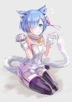  1girl alternate_costume animal_ears bell black_legwear blue_eyes blue_hair blush breasts full_body fur_trim garter_straps gloves hair_ornament hair_over_one_eye hair_ribbon halloween halloween_costume lingerie looking_at_viewer medium_breasts re:zero_kara_hajimeru_isekai_seikatsu rem_(re:zero) ribbon short_hair sitting solo tail thigh-highs tochibi underwear x_hair_ornament 