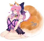 1girl :q animal_ear_fluff animal_ears babydoll bad_id bad_twitter_id bare_legs bare_shoulders barefoot bell bell_collar blush bottomless bottomless_female breasts cleavage collar commentary_request dated fate/grand_order fate_(series) fox_ears fox_tail hair_ribbon hand_between_legs heart highres kneeling knees_together_feet_apart kou_mashiro large_breasts long_hair looking_at_viewer no_panties pink_eyebrows pink_hair ponytail ribbon seiza signature sitting smile solo strap_slip tail tamamo_(fate)_(all) tamamo_no_mae_(fate) thighs thighs_together tongue tongue_out yellow_eyes
