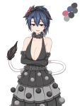  1girl adapted_costume bare_shoulders black_dress blue_eyes blue_hair blush breast_hold breasts cleavage collarbone cowboy_shot crossed_arms doremy_sweet dress flower fur_trim hair_flower hair_ornament hairband kuroba_rapid large_breasts layered_dress looking_at_viewer parted_lips pom_poms short_hair smile solo tapir_ears tapir_tail touhou white_background 