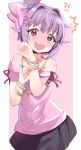  !? /\/\/\ :d @_@ bare_shoulders blush bow bracelet brown_eyes chocho_(homelessfox) hair_bow hair_ornament idolmaster idolmaster_cinderella_girls jewelry koshimizu_sachiko necklace open_mouth purple_hair short_hair skirt smile sweatdrop tears 