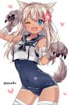  1girl animal_ears blonde_hair blue_eyes blush claws covered_navel crop_top dog_ears dog_tail fang flower gloves hair_flower hair_ornament hibiscus kantai_collection long_hair one-piece_swimsuit one_eye_closed open_mouth paw_gloves paw_pose paws ro-500_(kantai_collection) sailor_collar school_swimsuit shijima_(sjmr02) solo swimsuit swimsuit_under_clothes tail twitter_username 
