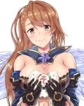  1girl bare_shoulders beatrix_(granblue_fantasy) brown_hair commentary_request food food_on_face gloves granblue_fantasy long_hair saemon_(tonpura) 