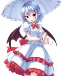  1girl :d absurdres alternate_costume bad_hands bat_wings blue_hair blush bow bowtie breasts cowboy_shot dress fang highres holding holding_umbrella junior27016 layered_dress no_hat no_headwear open_mouth parasol pointy_ears puffy_short_sleeves puffy_sleeves red_bow red_bowtie red_eyes remilia_scarlet short_hair short_sleeves sketch small_breasts smile solo touhou umbrella white_background white_dress wings wrist_cuffs 