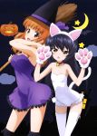  2girls absurdres animal_ears bangs bat bell bell_collar black_hair blunt_bangs blush breasts broom brown_eyes cat_ears cat_tail cleavage collar cosplay cowboy_shot dress fake_animal_ears fake_tail flat_chest frilled_leotard frills girls_und_panzer gloves hairband halloween hat highres holding jack-o&#039;-lantern leotard long_hair looking_at_viewer medium_breasts moon multiple_girls night official_art open_mouth orange_eyes orange_hair parted_lips paw_gloves purple_dress reizei_mako smile standing star_(sky) strapless strapless_dress strapless_leotard tail takebe_saori thigh-highs white_leotard witch witch_hat 