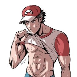  1boy artist_name baseball_cap brown_hair denim hat jeans male_focus miyuli muscle nipples pants pokemon pokemon_(game) pokemon_sm raglan_sleeves red_(pokemon) red_(pokemon)_(sm) red_eyes shirt shirt_lift short_hair simple_background solo sweat t-shirt upper_body white_background 