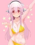  1girl bikini blush breasts cleavage headphones heart heart-shaped_pupils large_breasts long_hair looking_at_viewer navel nitroplus pink_hair red_eyes smile solo super_sonico swimsuit symbol-shaped_pupils yuuki_(irodo_rhythm) 